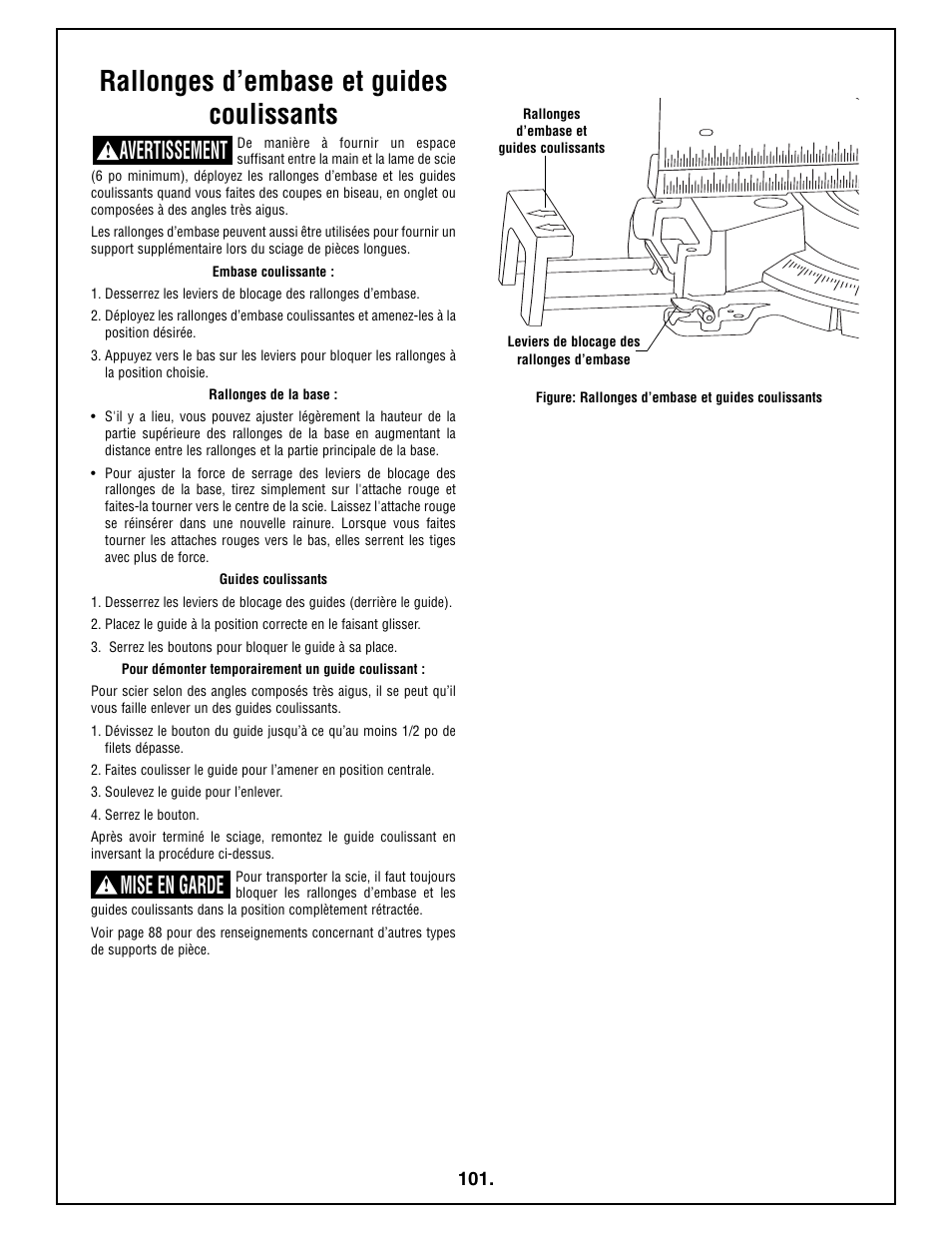 Rallonges d’embase et guides coulissants, Avertissement, Mise en garde | Bosch 4410L User Manual | Page 101 / 116