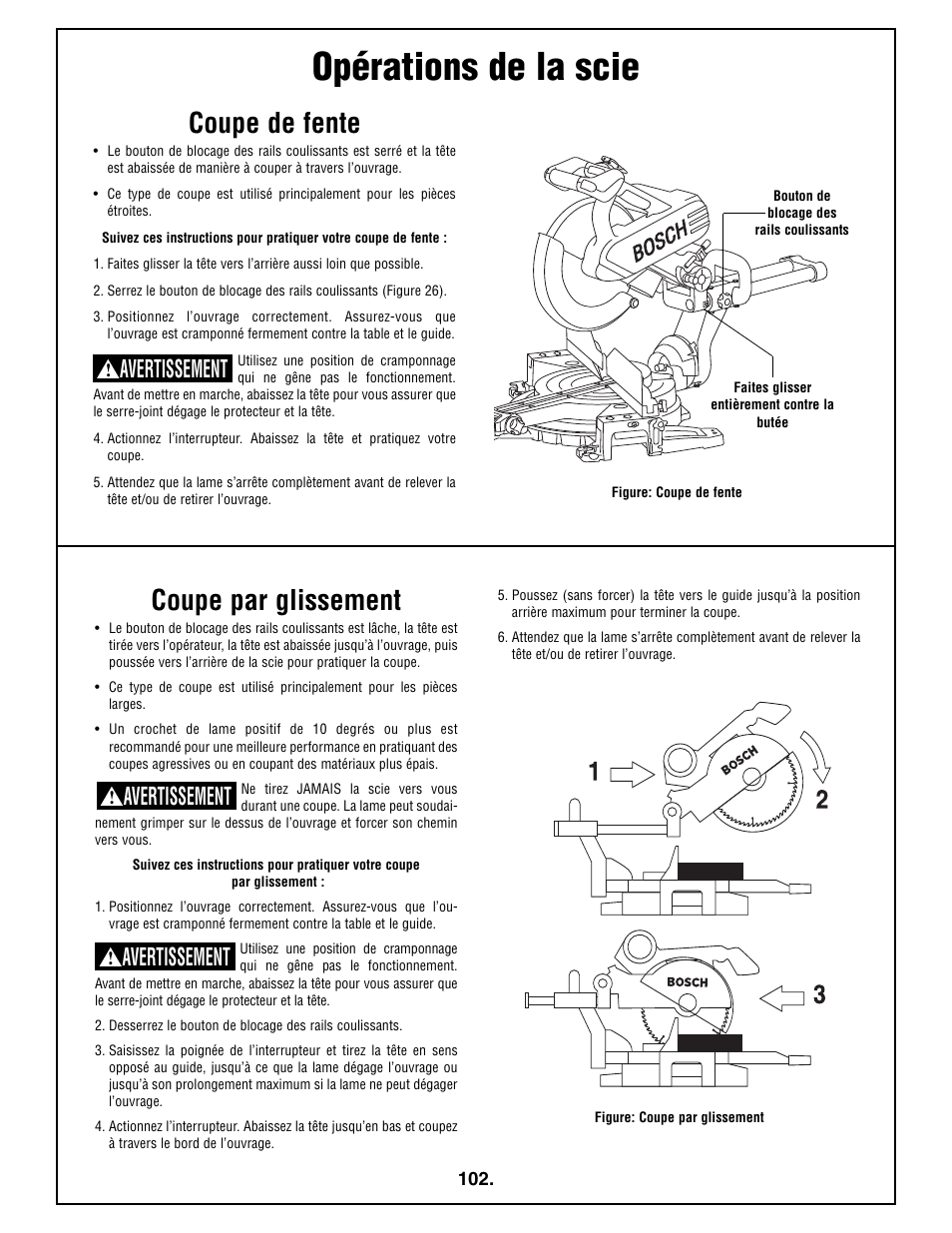 Opérations de la scie, Coupe de fente, Coupe par glissement | Avertissement | Bosch 4410L User Manual | Page 102 / 116