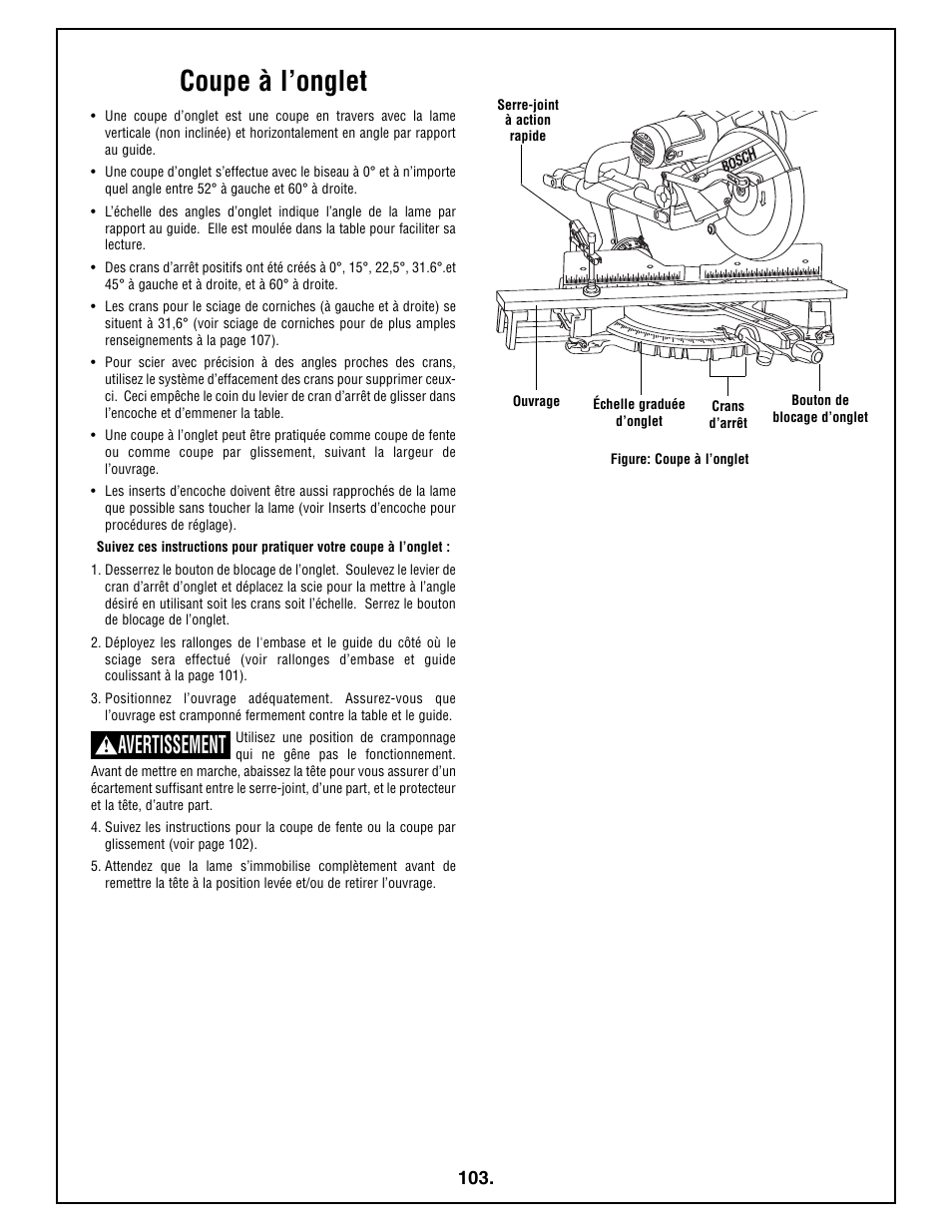 Coupe à l’onglet, Avertissement | Bosch 4410L User Manual | Page 103 / 116