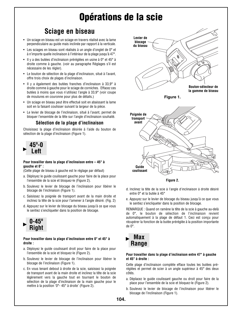 Opérations de la scie, Sciage en biseau | Bosch 4410L User Manual | Page 104 / 116