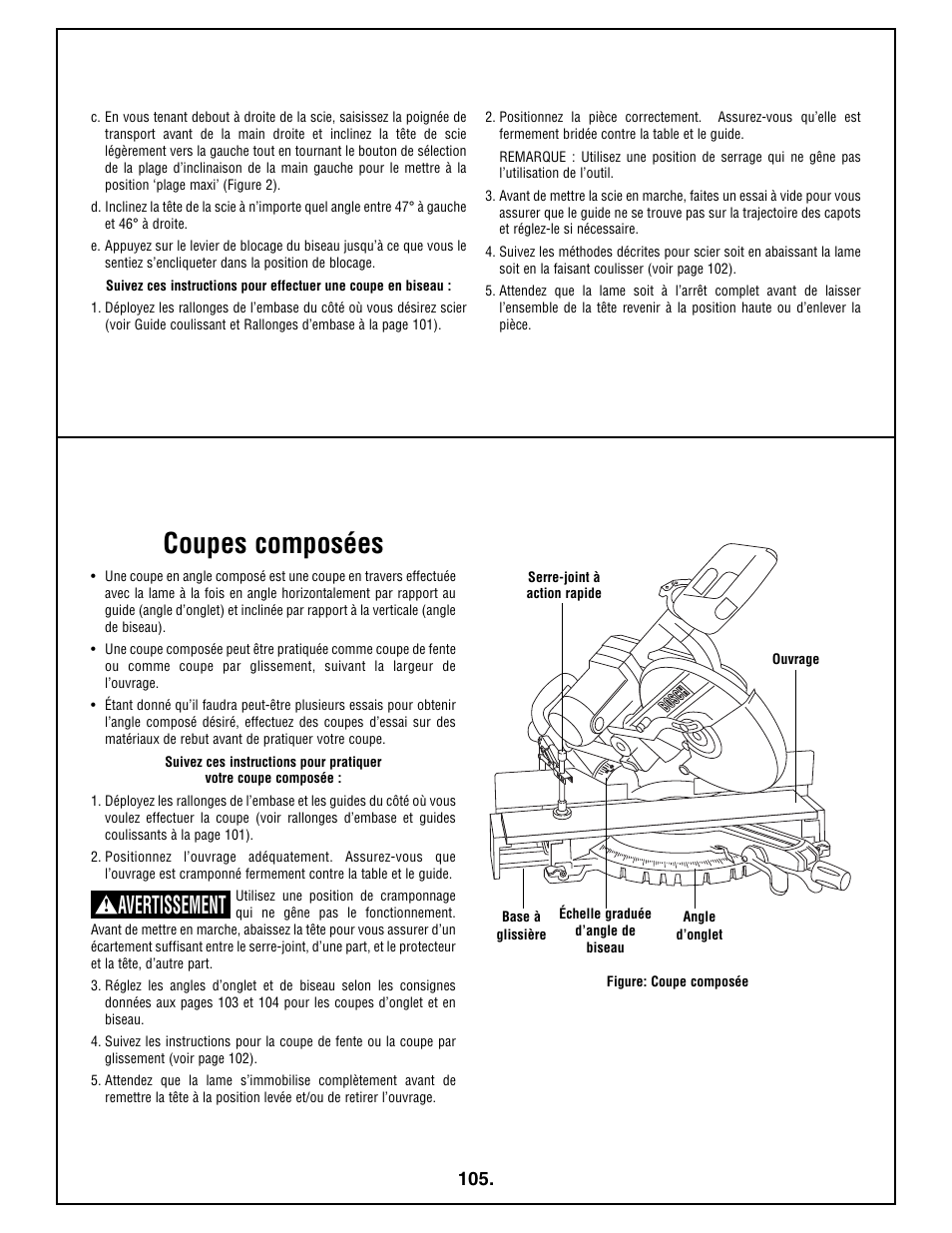 Coupes composées, Avertissement | Bosch 4410L User Manual | Page 105 / 116