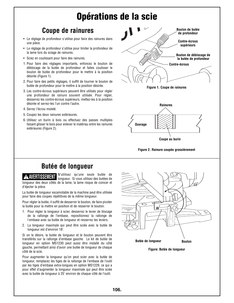 Opérations de la scie, Coupe de rainures, Butée de longueur | Avertissement | Bosch 4410L User Manual | Page 106 / 116