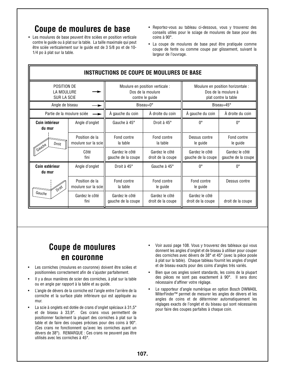 Coupe de moulures de base, Coupe de moulures en couronne, Instructions de coupe de moulures de base | Bosch 4410L User Manual | Page 107 / 116