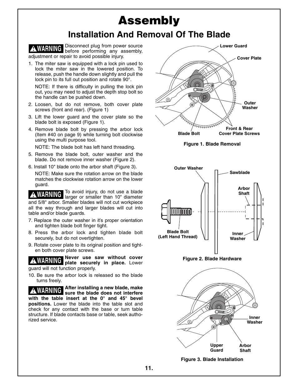 Assembly, Installation and removal of the blade, Warning | Bosch 4410L User Manual | Page 11 / 116