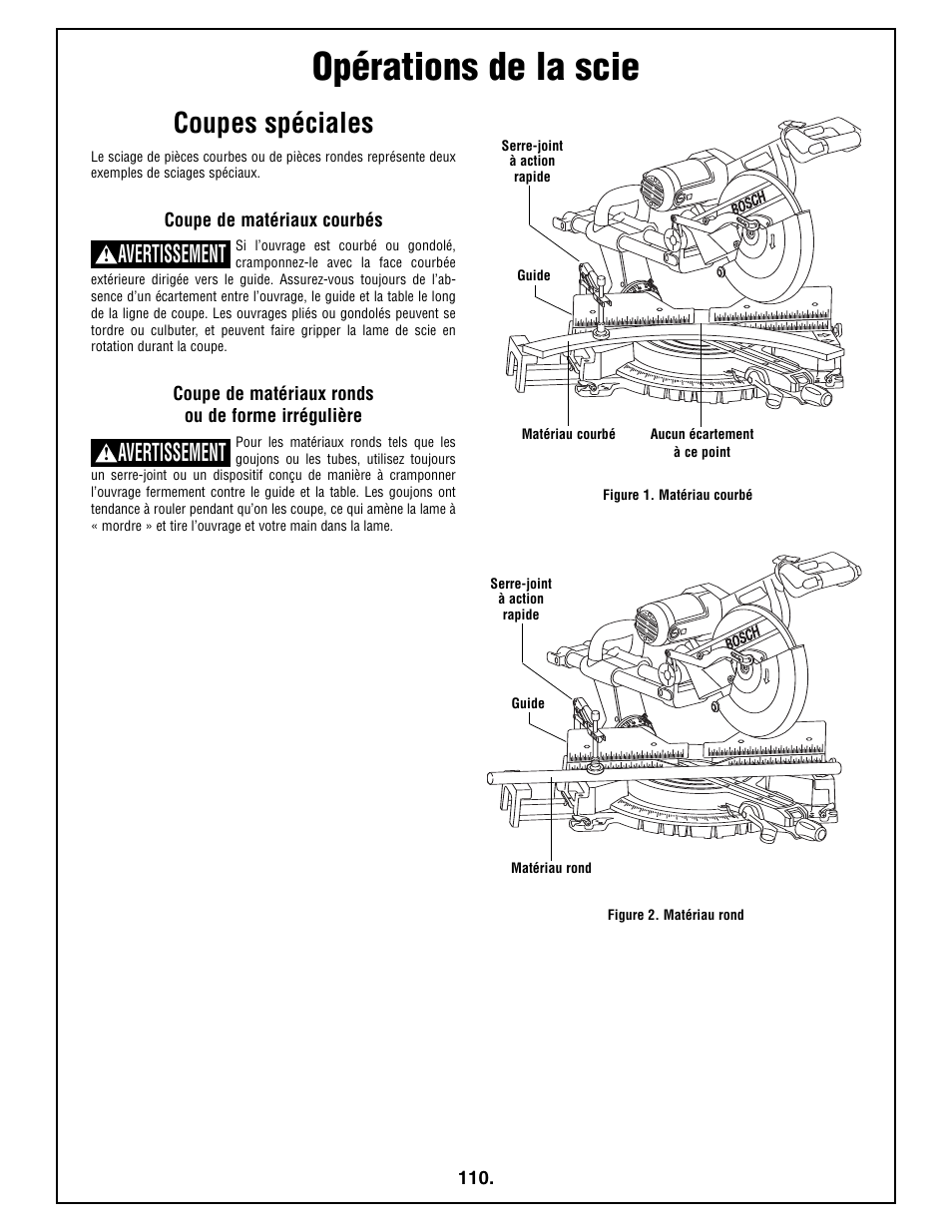 Opérations de la scie, Coupes spéciales, Avertissement | Bosch 4410L User Manual | Page 110 / 116