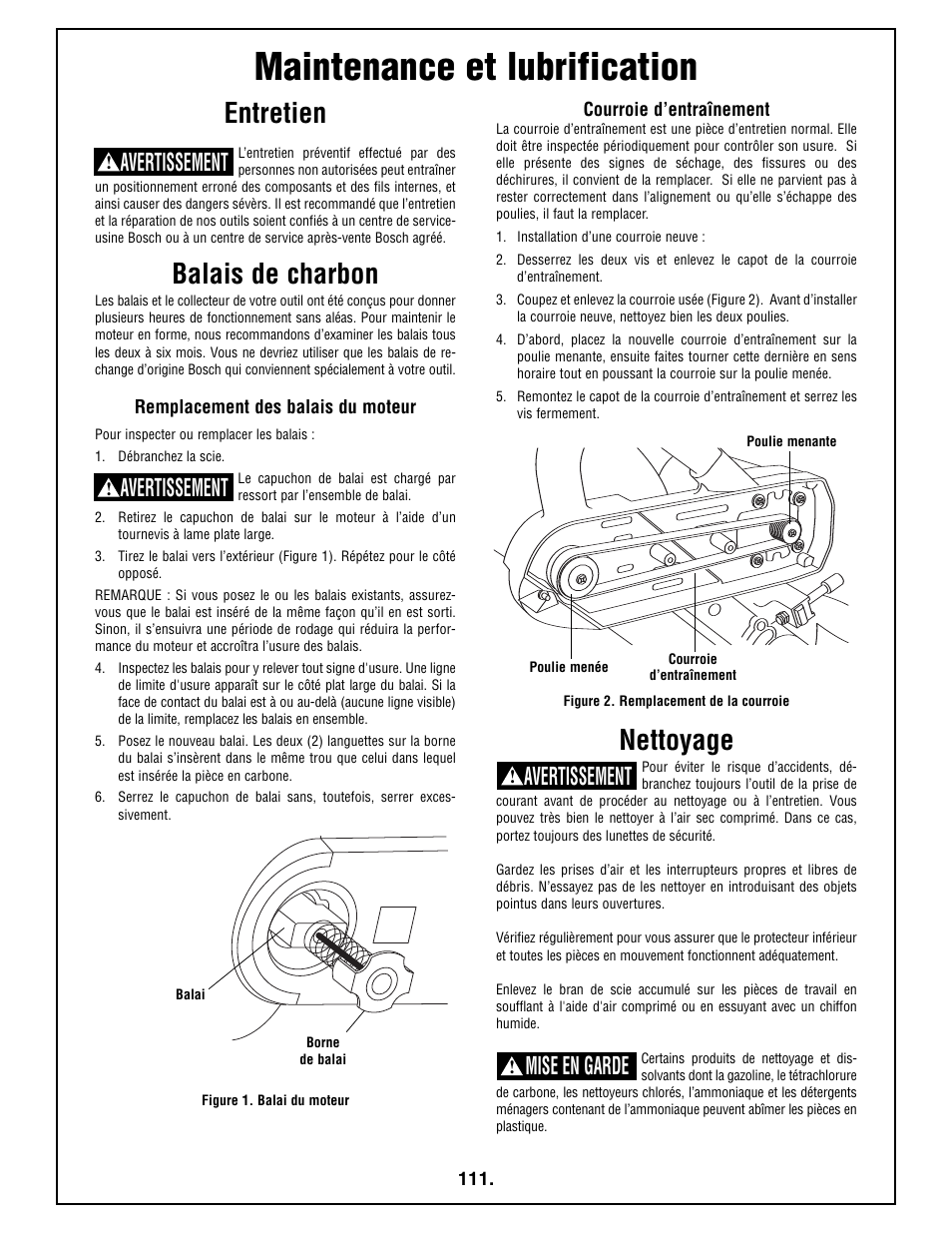 Maintenance et lubrification, Entretien, Balais de charbon | Nettoyage, Avertissement, Mise en garde | Bosch 4410L User Manual | Page 111 / 116