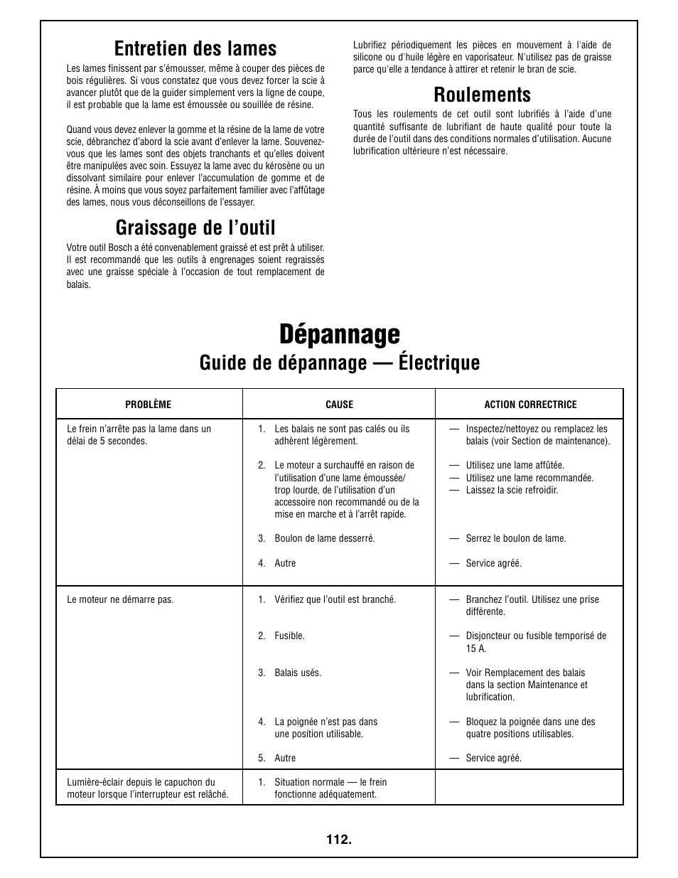 Dépannage, Graissage de l’outil, Roulements | Bosch 4410L User Manual | Page 112 / 116