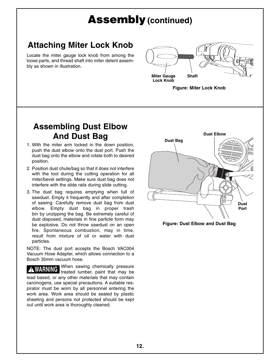 Assembly, Attaching miter lock knob, Continued) | Assembling dust elbow and dust bag, Warning | Bosch 4410L User Manual | Page 12 / 116