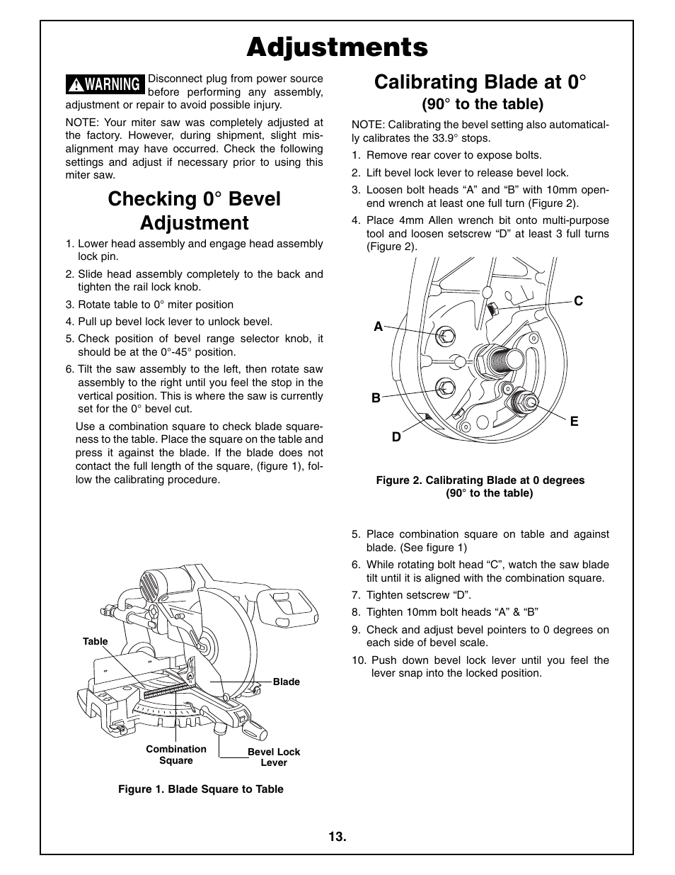 Adjustments, Checking 0° bevel adjustment, Calibrating blade at 0 | Warning, 90° to the table) | Bosch 4410L User Manual | Page 13 / 116