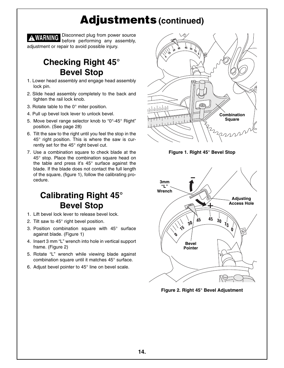 Adjustments, Checking right 45° bevel stop, Continued) | Calibrating right 45° bevel stop, Warning | Bosch 4410L User Manual | Page 14 / 116