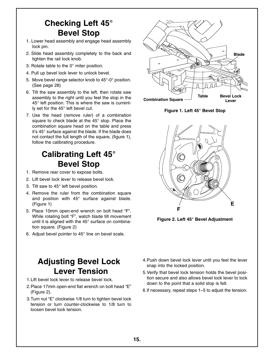 Checking left 45° bevel stop, Adjusting bevel lock lever tension, Calibrating left 45° bevel stop | Bosch 4410L User Manual | Page 15 / 116