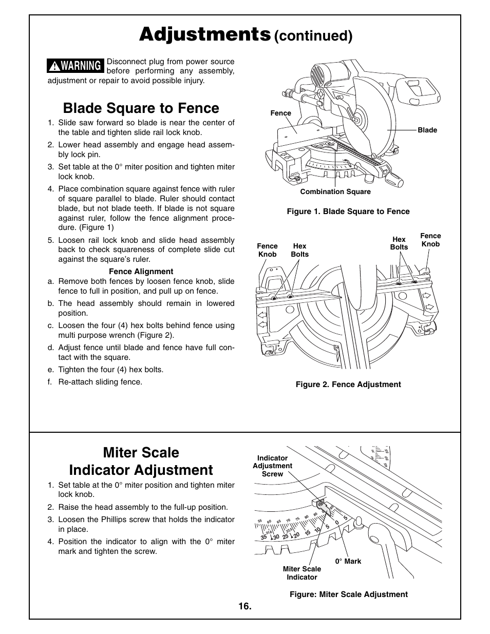 Adjustments, Continued), Blade square to fence | Miter scale indicator adjustment, Warning | Bosch 4410L User Manual | Page 16 / 116