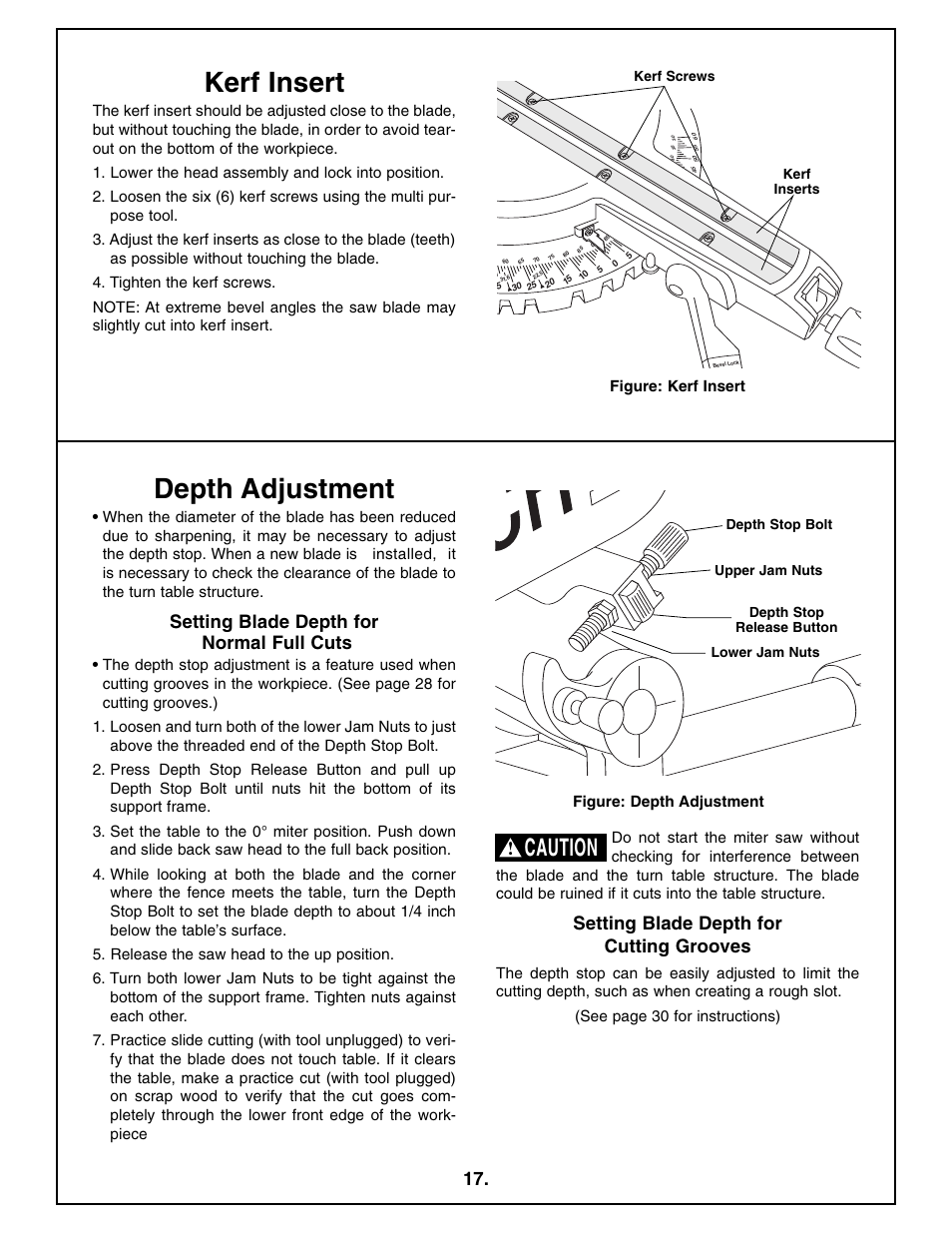 Depth adjustment, Kerf insert, Caution | Setting blade depth for normal full cuts, Setting blade depth for cutting grooves | Bosch 4410L User Manual | Page 17 / 116