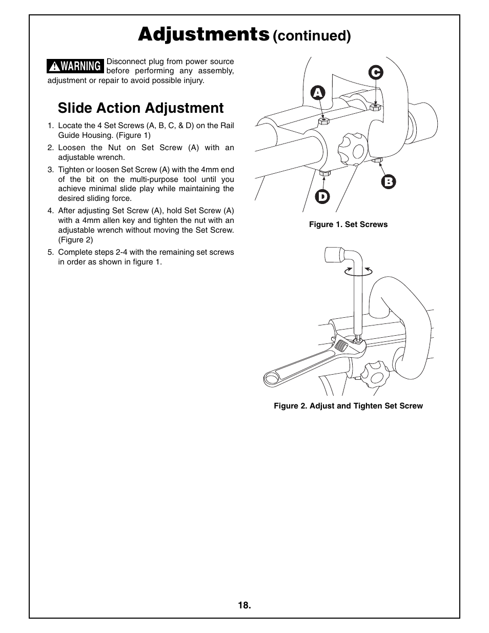 Adjustments, Slide action adjustment, Continued) | Warning | Bosch 4410L User Manual | Page 18 / 116