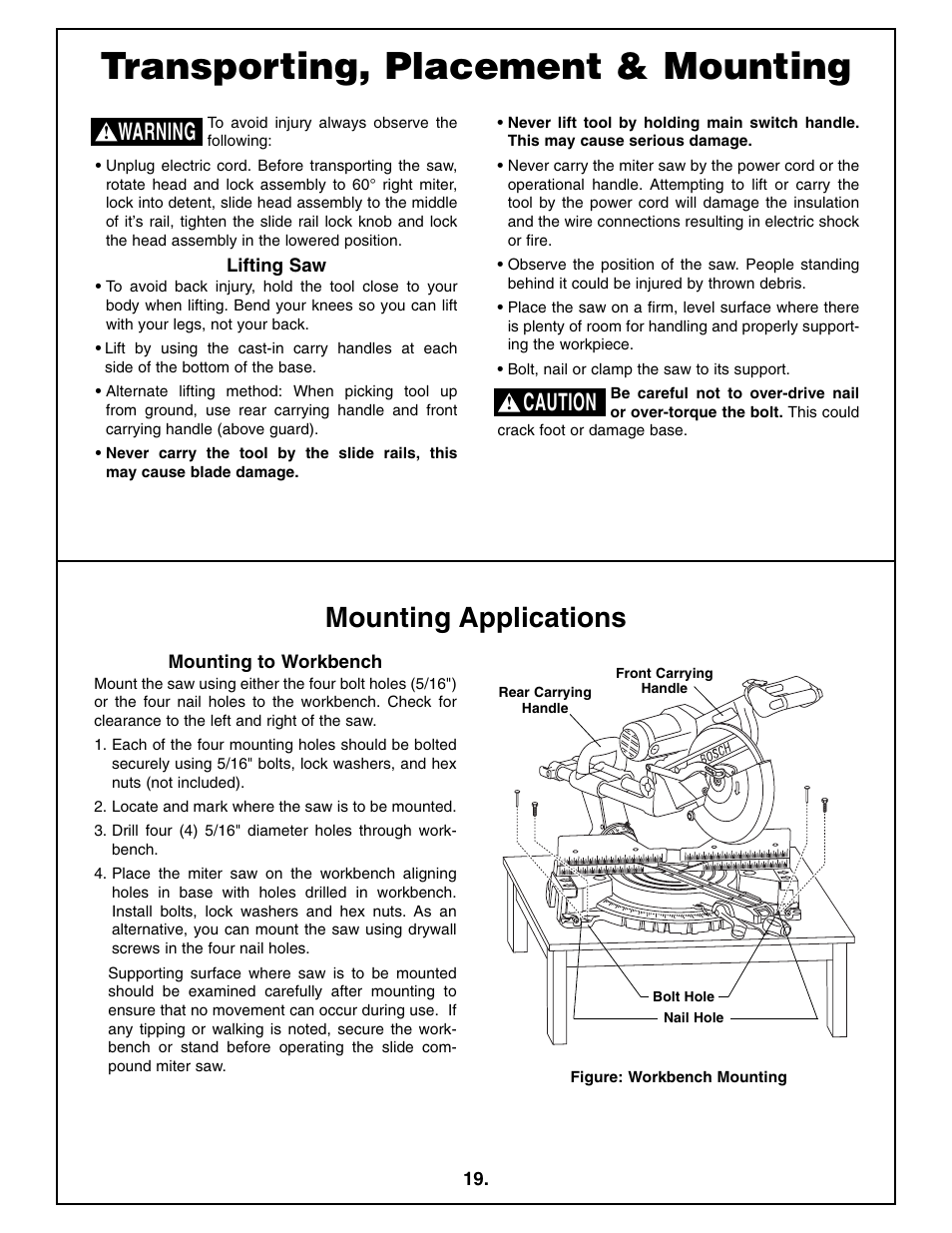 Transporting, placement & mounting, Mounting applications, Warning | Caution | Bosch 4410L User Manual | Page 19 / 116