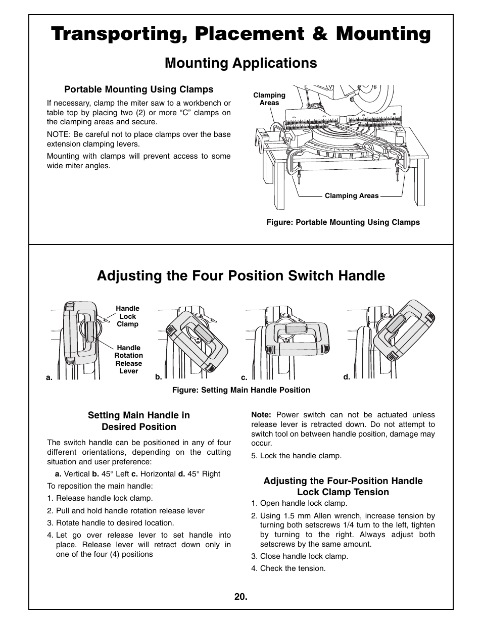 Transporting, placement & mounting, Mounting applications, Adjusting the four position switch handle | Bosch 4410L User Manual | Page 20 / 116