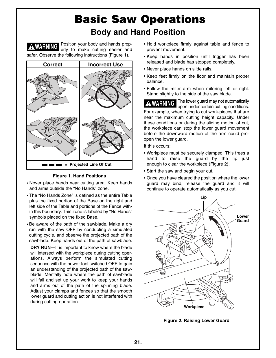 Basic saw operations, Body and hand position, Warning | Bosch 4410L User Manual | Page 21 / 116