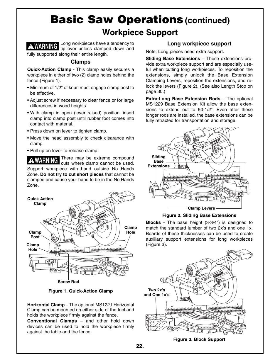 Basic saw operations, Continued) workpiece support, Warning | Bosch 4410L User Manual | Page 22 / 116