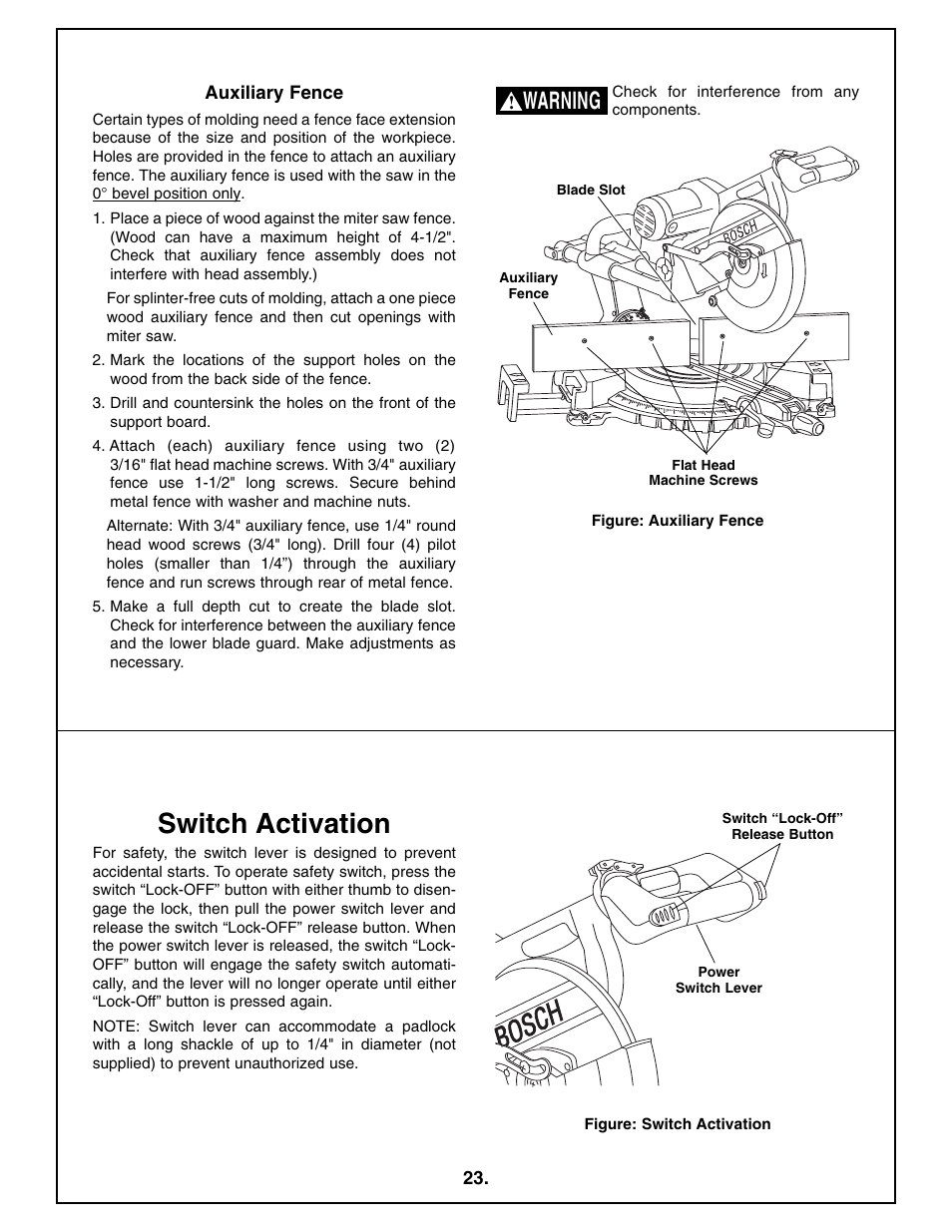 Switch activation, Warning | Bosch 4410L User Manual | Page 23 / 116