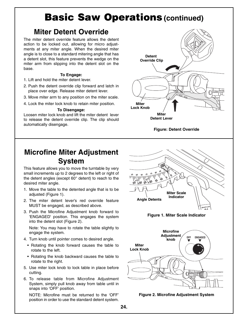 Basic saw operations, Microfine miter adjustment system, Continued) | Miter detent override | Bosch 4410L User Manual | Page 24 / 116