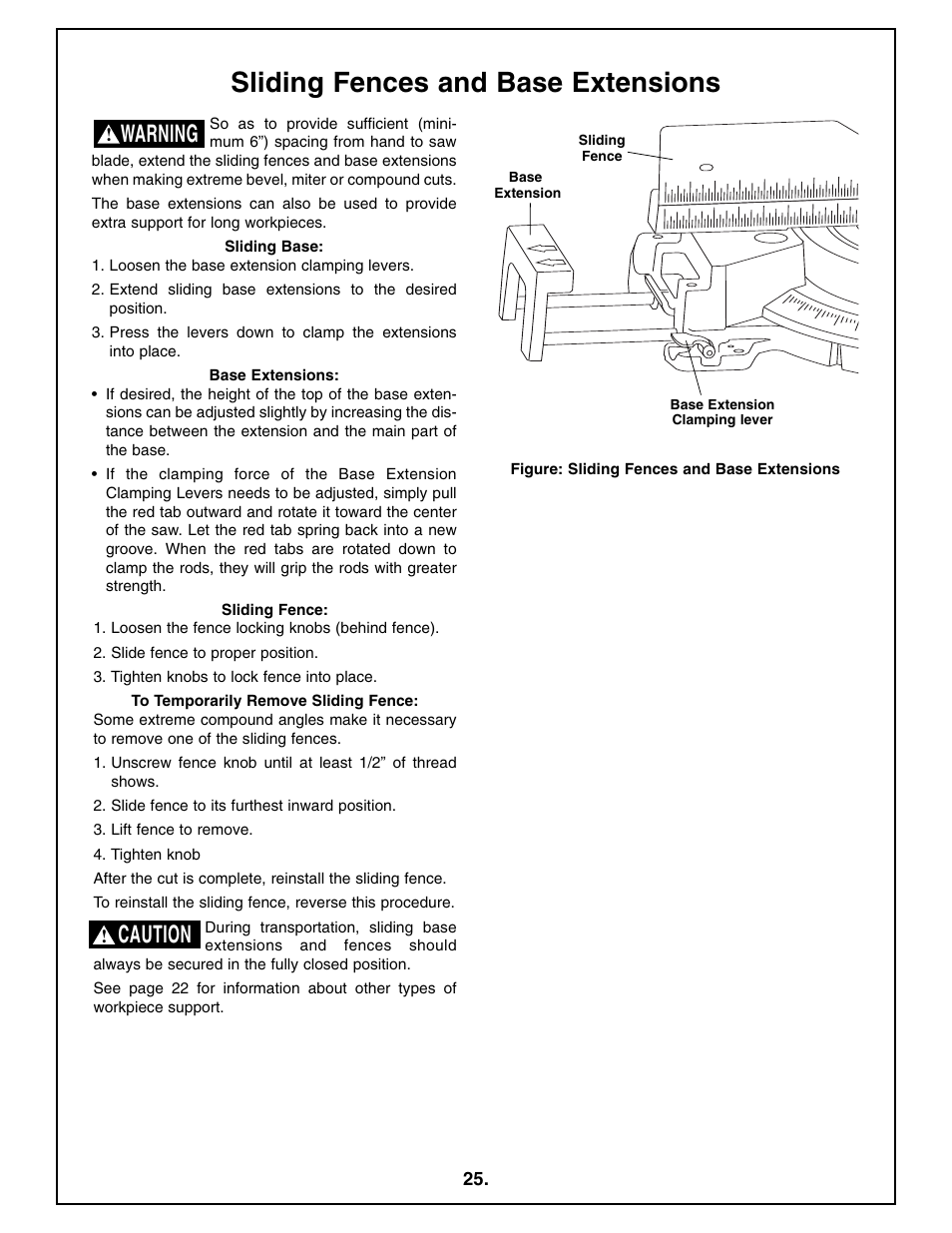 Sliding fences and base extensions, Warning, Caution | Bosch 4410L User Manual | Page 25 / 116