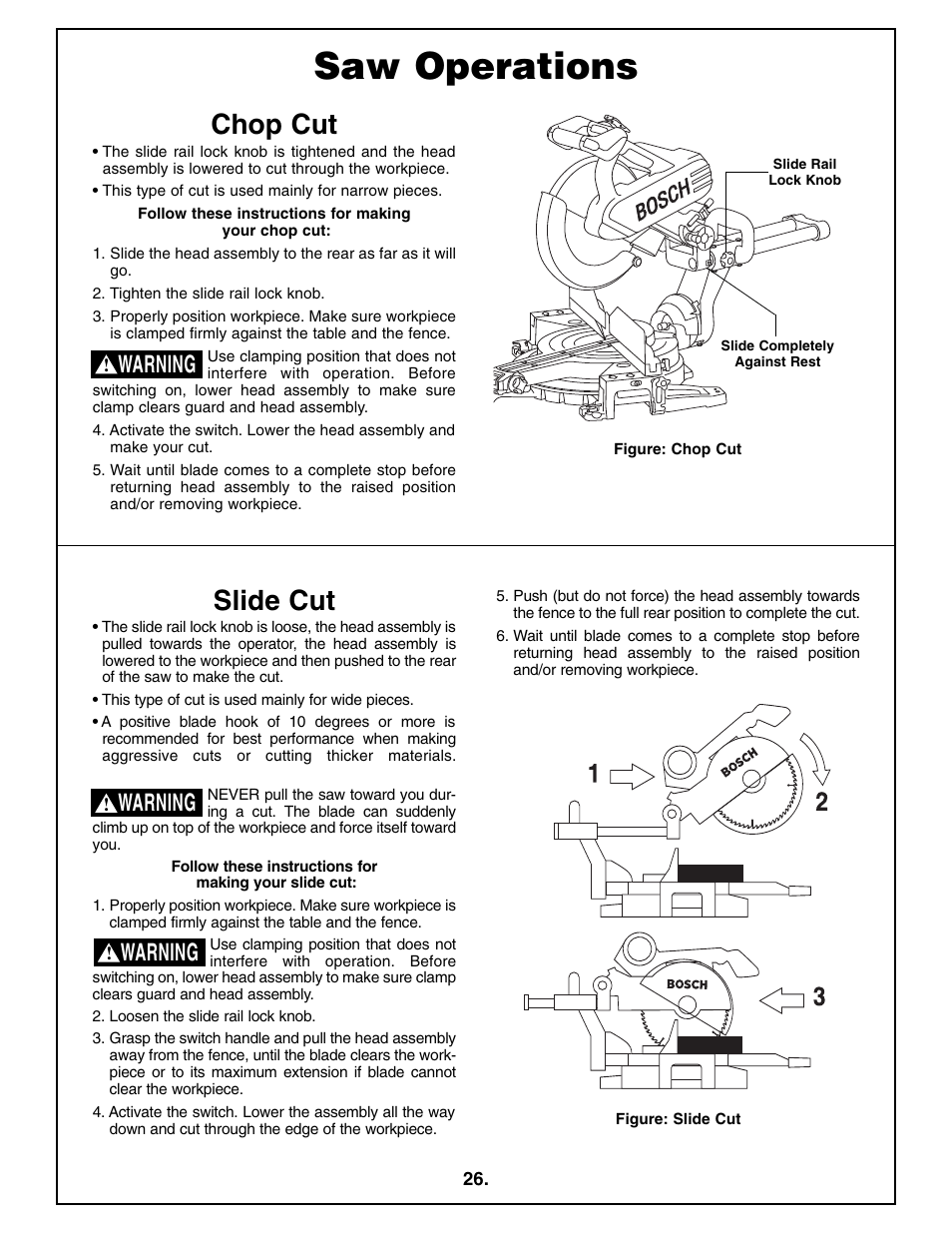 Saw operations, Chop cut, Slide cut | Warning | Bosch 4410L User Manual | Page 26 / 116