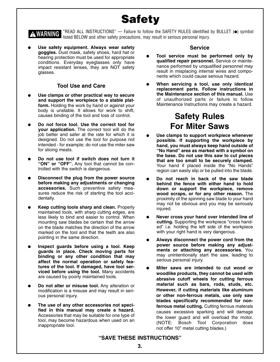 Safety, Safety rules for miter saws, Warning | Bosch 4410L User Manual | Page 3 / 116