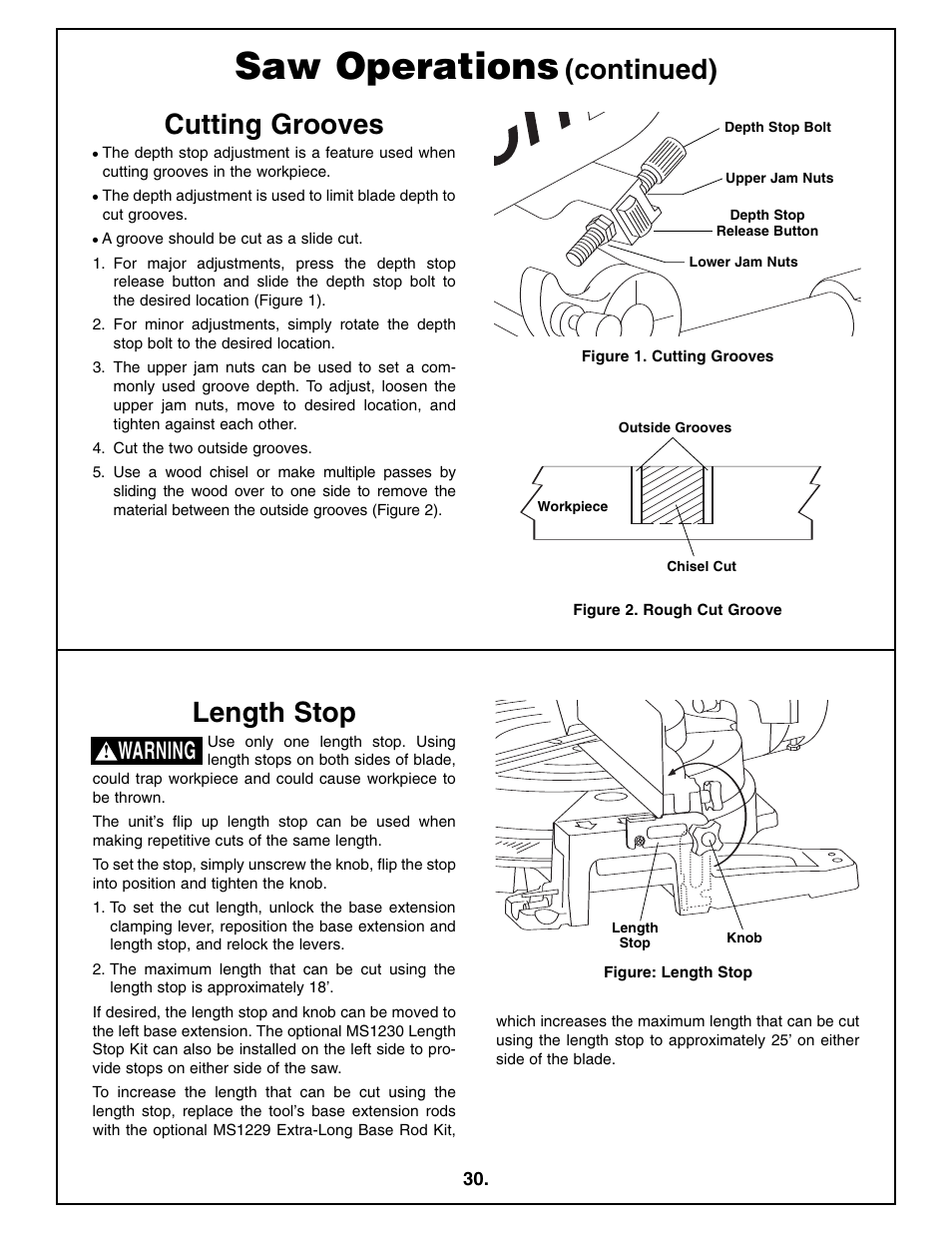 Saw operations, Cutting grooves, Length stop | Continued), Warning | Bosch 4410L User Manual | Page 30 / 116