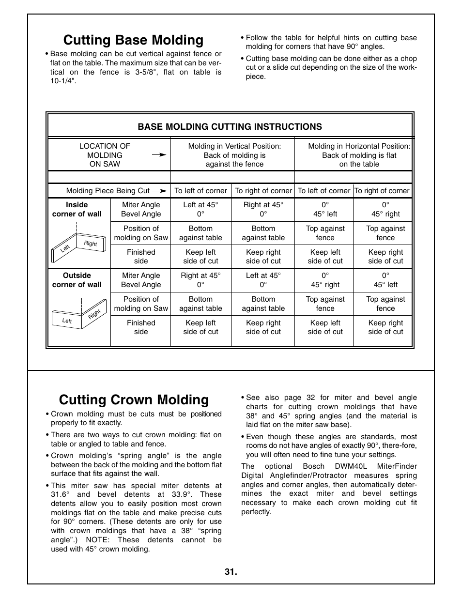 Cutting base molding, Cutting crown molding | Bosch 4410L User Manual | Page 31 / 116