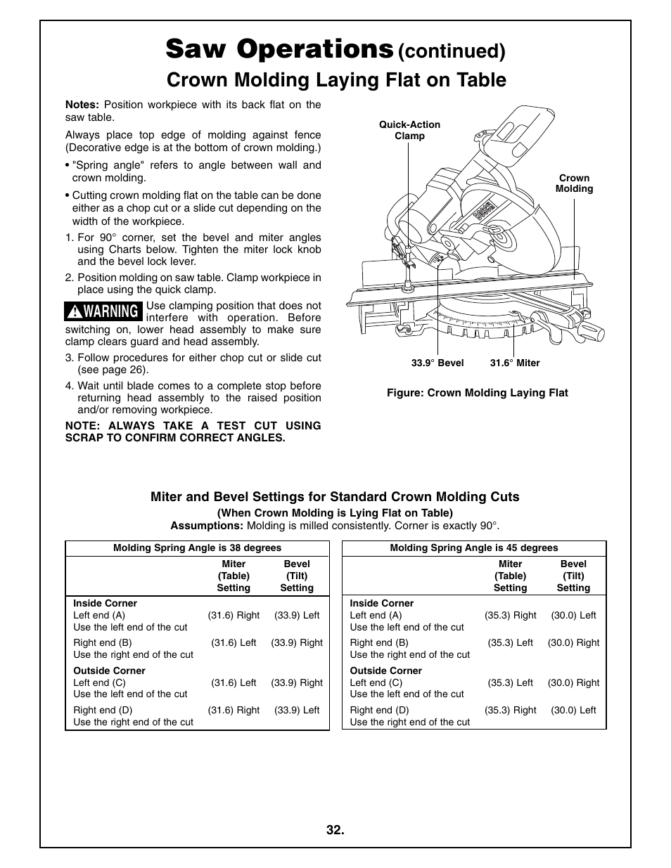 Saw operations, Continued), Crown molding laying flat on table | Warning | Bosch 4410L User Manual | Page 32 / 116