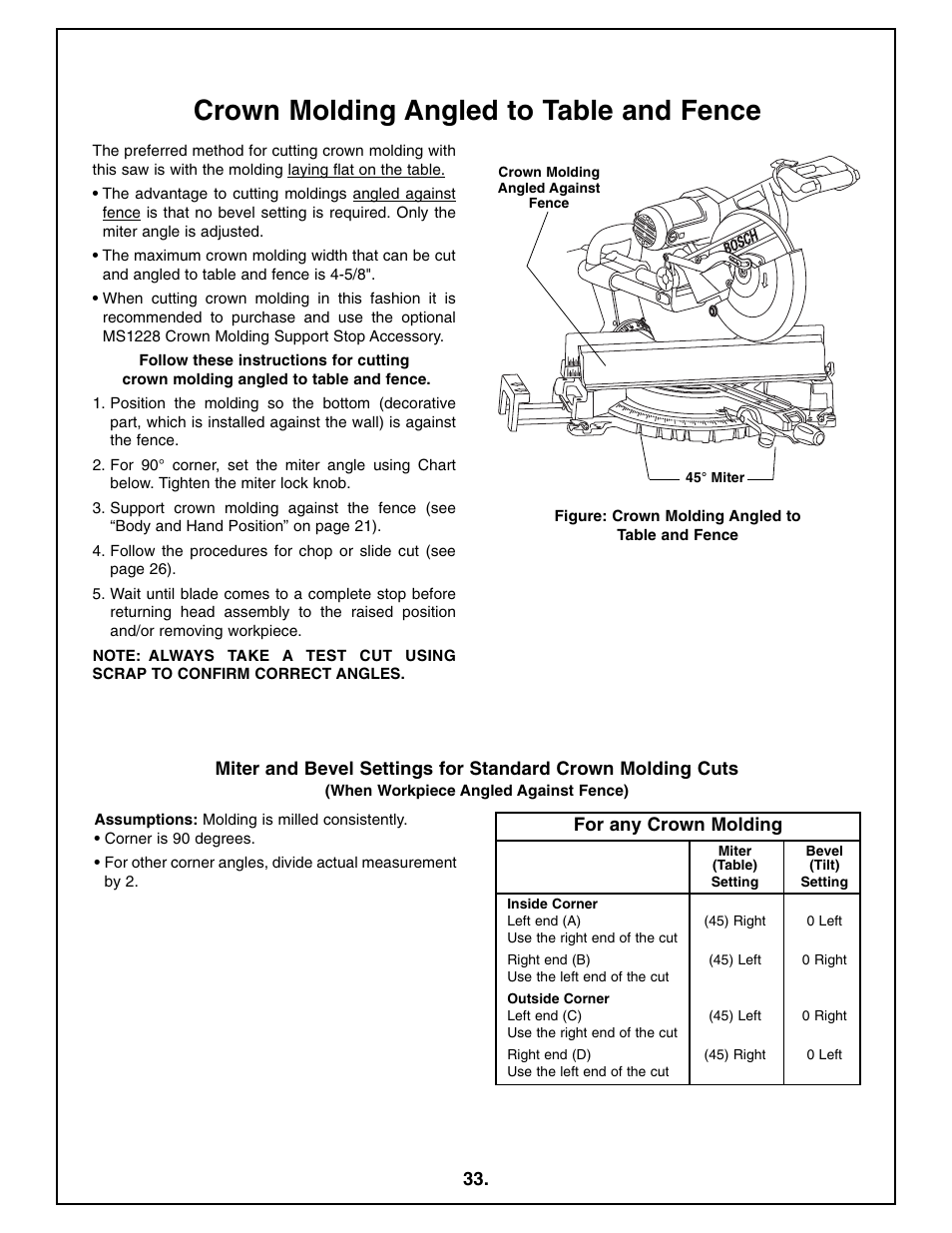 Crown molding angled to table and fence | Bosch 4410L User Manual | Page 33 / 116