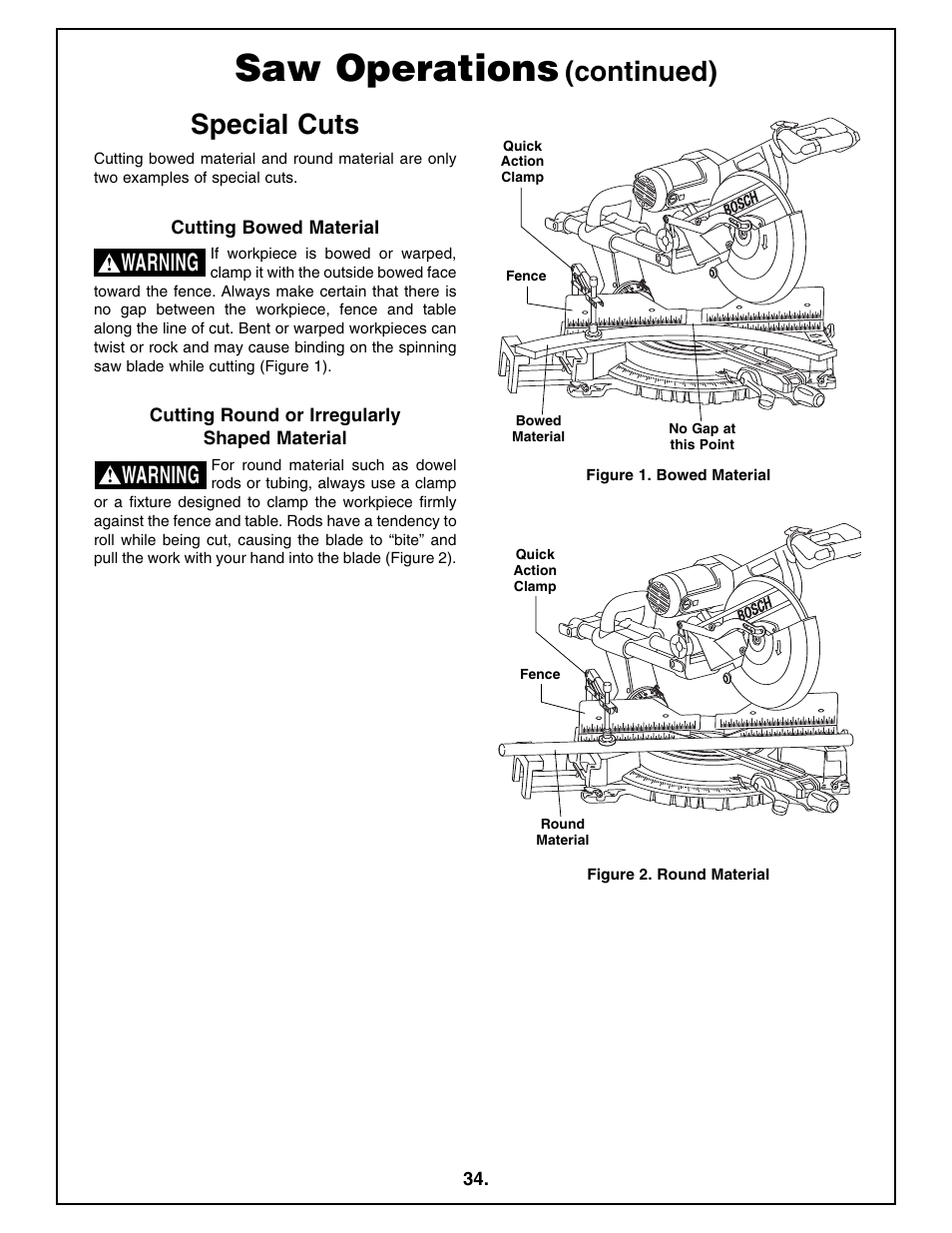 Saw operations, Special cuts, Continued) | Warning | Bosch 4410L User Manual | Page 34 / 116