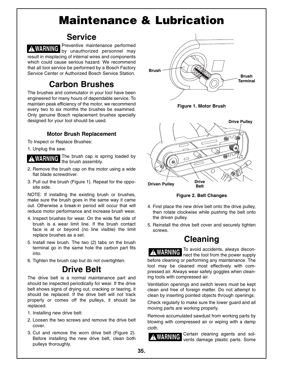 Maintenance & lubrication, Service, Carbon brushes | Drive belt, Cleaning, Warning | Bosch 4410L User Manual | Page 35 / 116