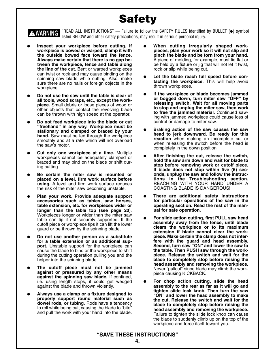 Safety, Warning | Bosch 4410L User Manual | Page 4 / 116