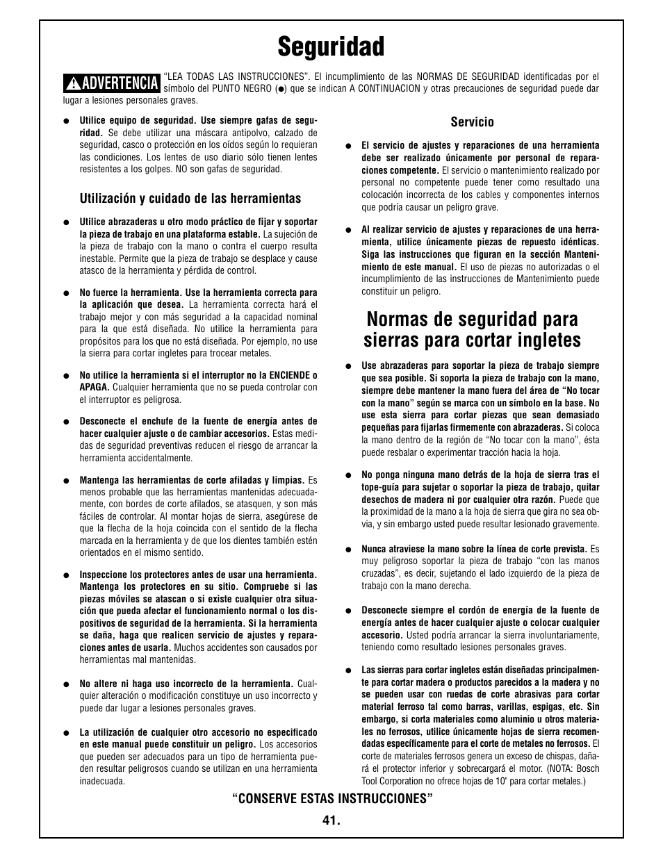 Seguridad, Advertencia, Utilización y cuidado de las herramientas | Servicio, Conserve estas instrucciones | Bosch 4410L User Manual | Page 41 / 116