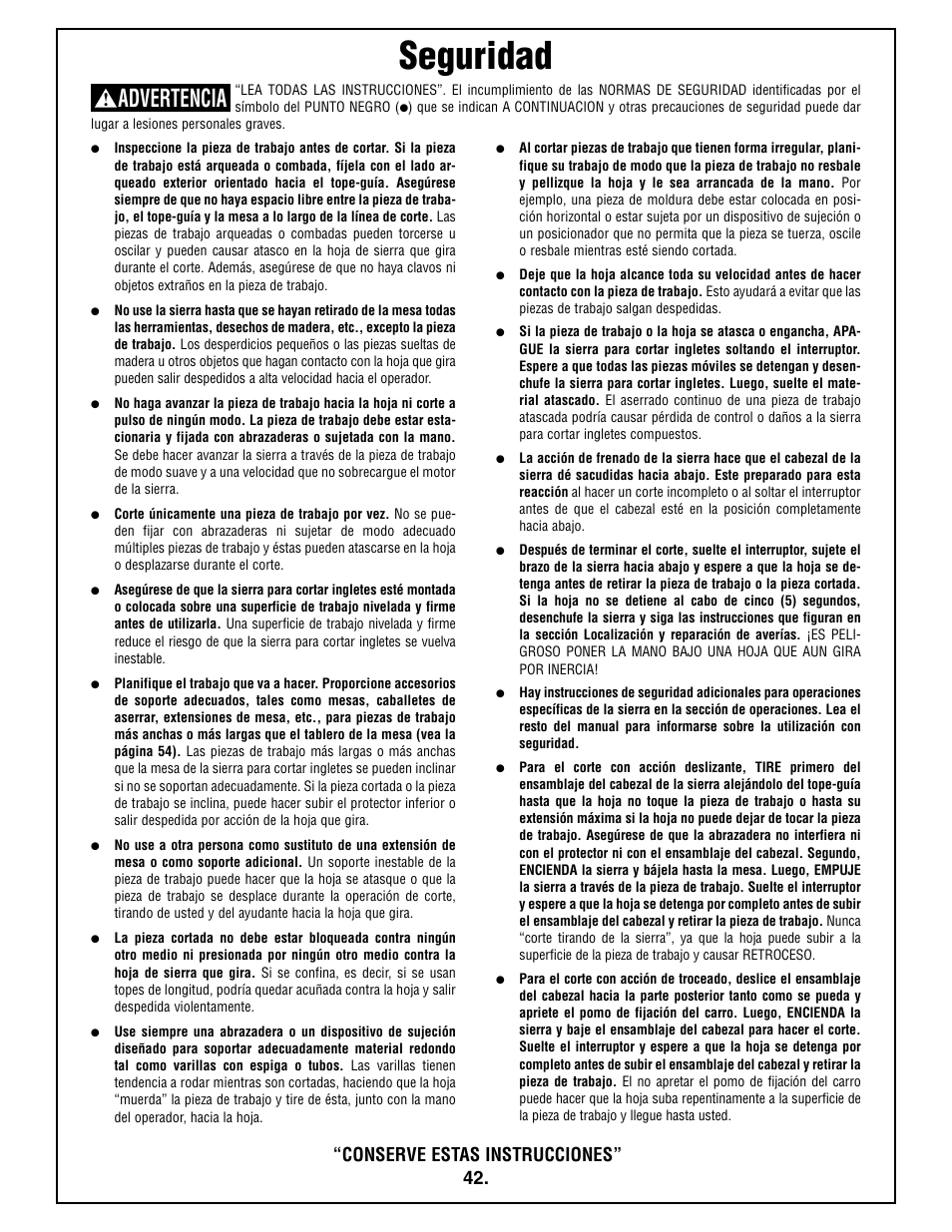 Seguridad, Advertencia, Conserve estas instrucciones | Bosch 4410L User Manual | Page 42 / 116