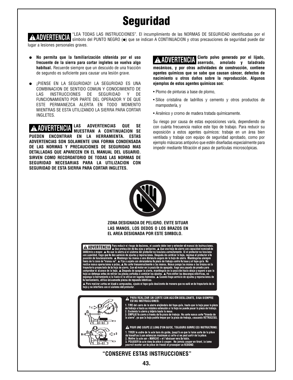 Seguridad, Advertencia | Bosch 4410L User Manual | Page 43 / 116