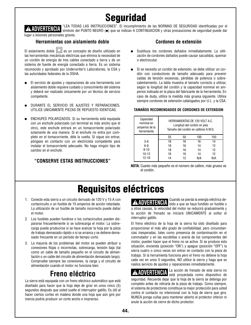 Seguridad, Requisitos eléctricos, Freno eléctrico | Advertencia, Herramientas con aislamiento doble, Cordones de extensión, Conserve estas instrucciones | Bosch 4410L User Manual | Page 44 / 116