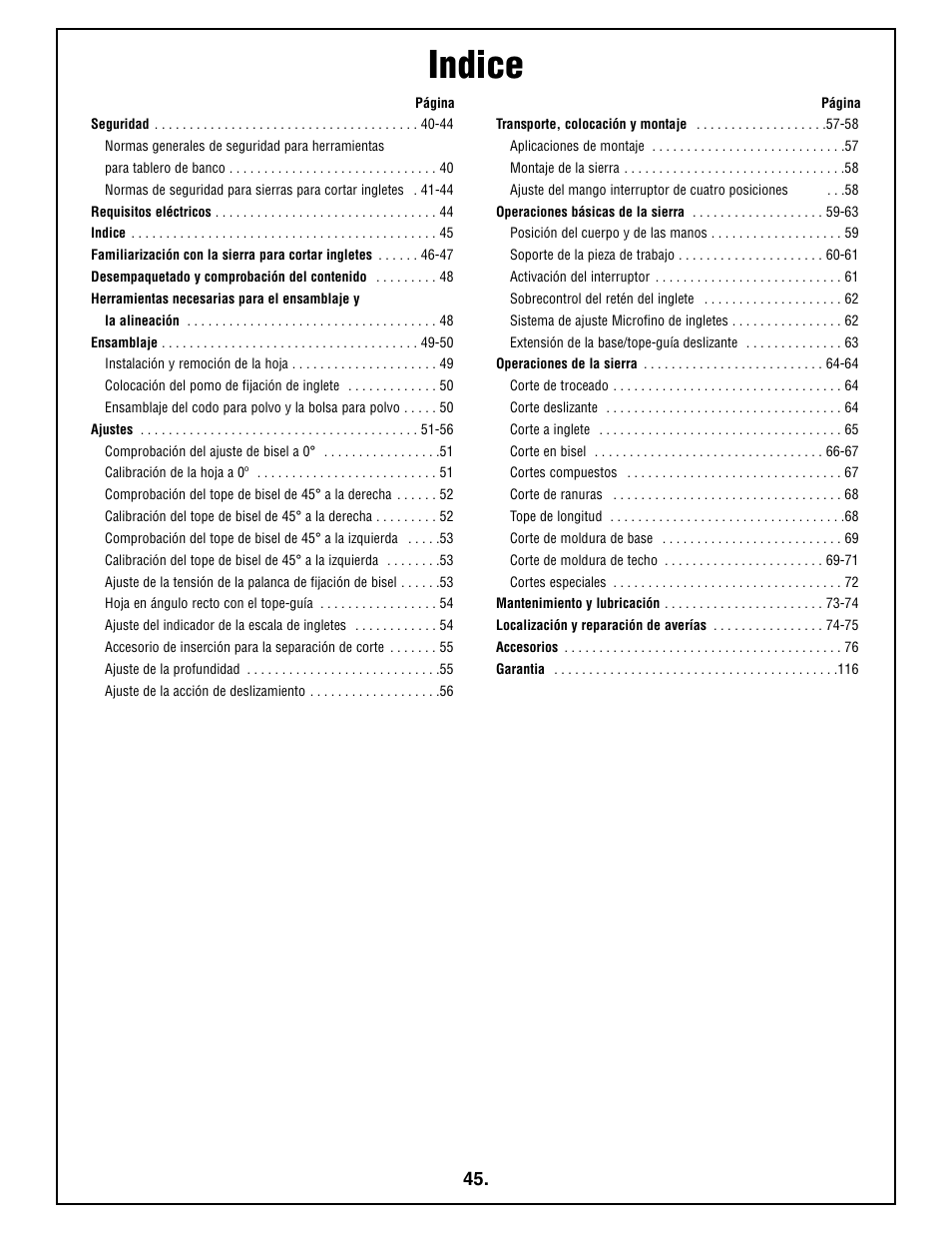 Indice | Bosch 4410L User Manual | Page 45 / 116