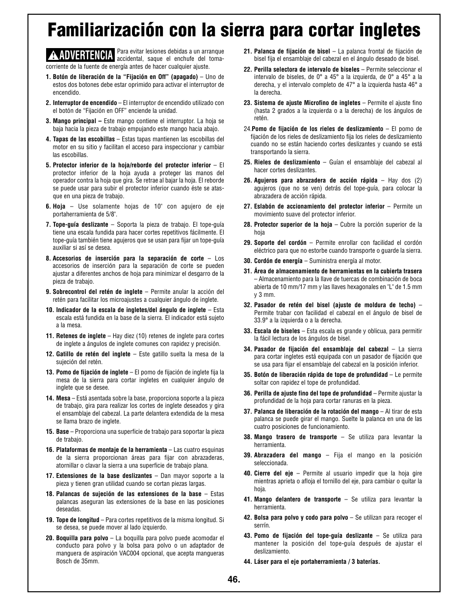 Familiarización con la sierra para cortar ingletes, Advertencia | Bosch 4410L User Manual | Page 46 / 116