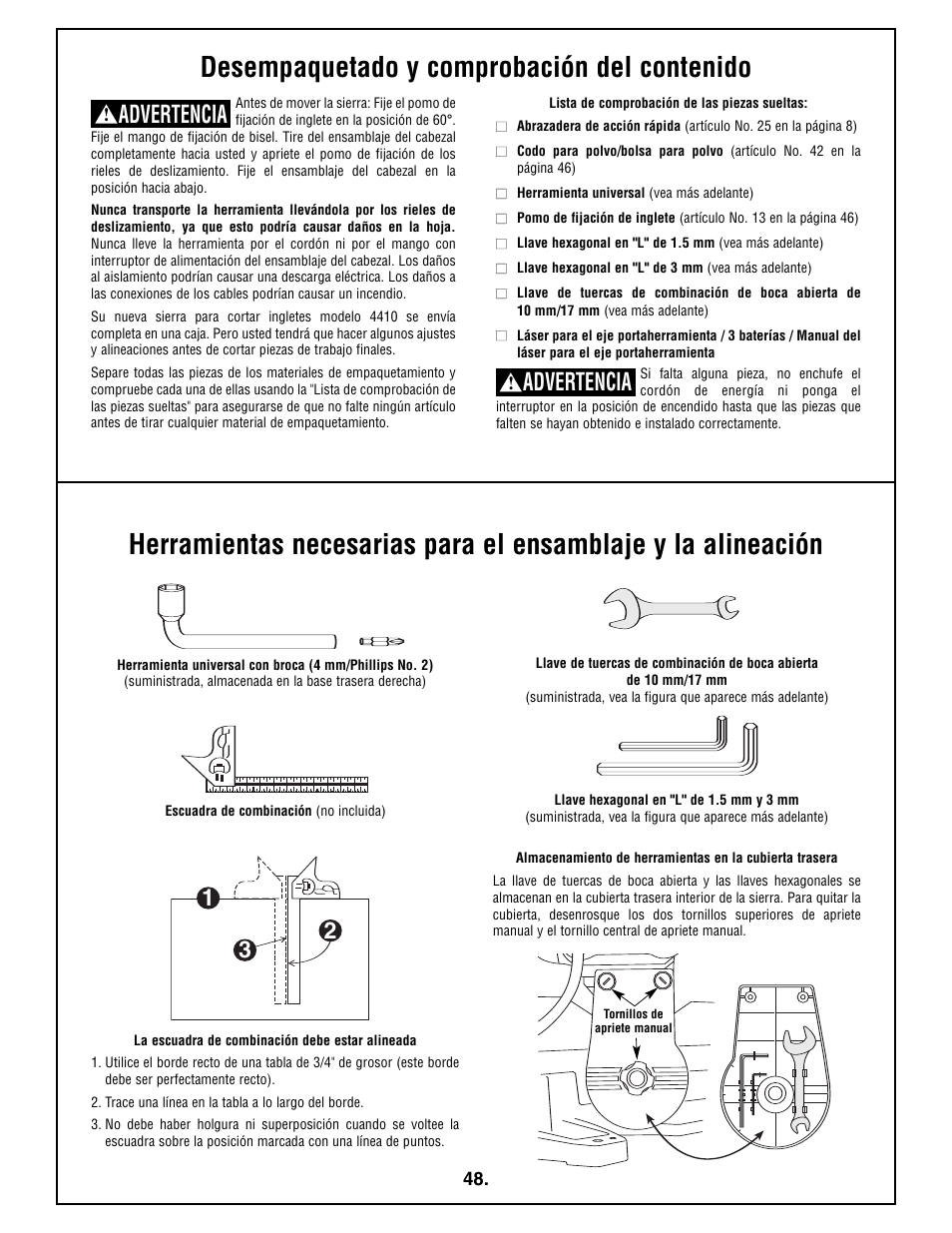 Advertencia | Bosch 4410L User Manual | Page 48 / 116