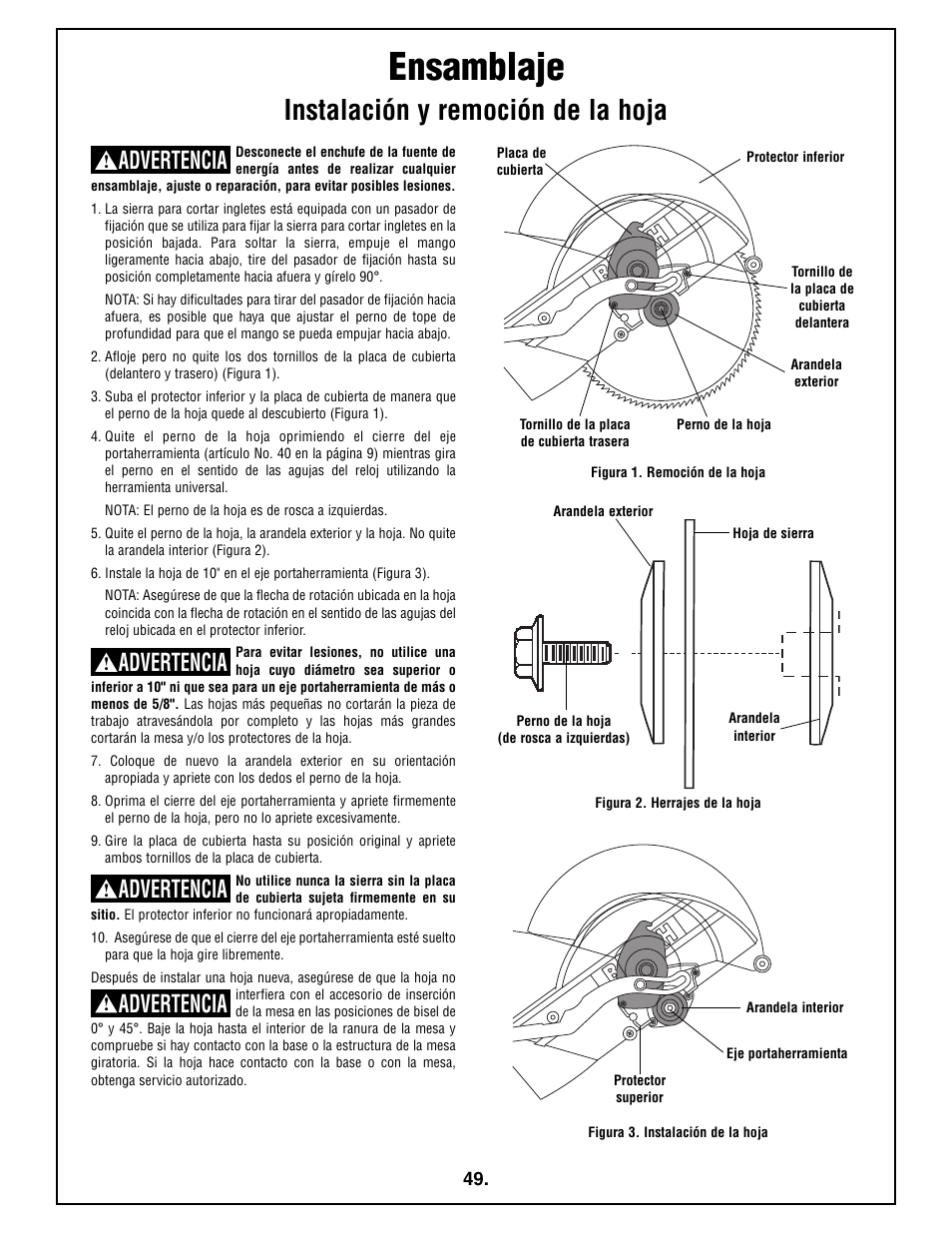 Ensamblaje, Instalación y remoción de la hoja, Advertencia | Bosch 4410L User Manual | Page 49 / 116