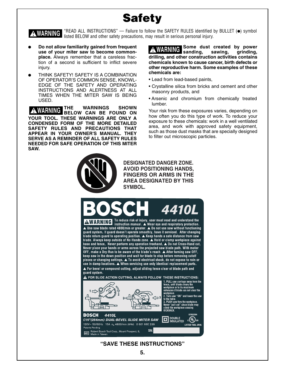 Safety, Warning | Bosch 4410L User Manual | Page 5 / 116