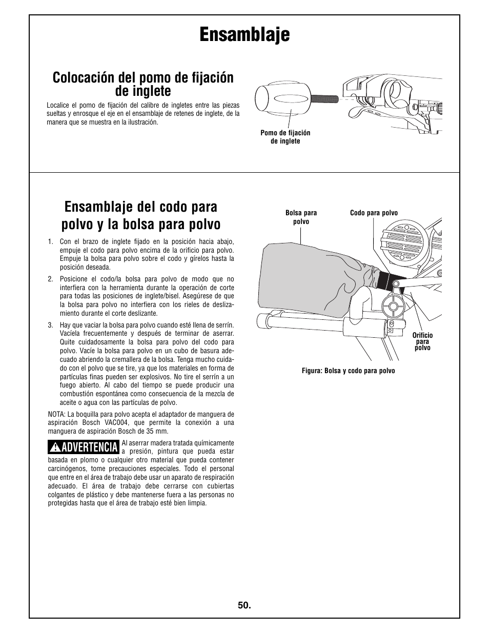 Ensamblaje, Colocación del pomo de fijación de inglete, Advertencia | Bosch 4410L User Manual | Page 50 / 116