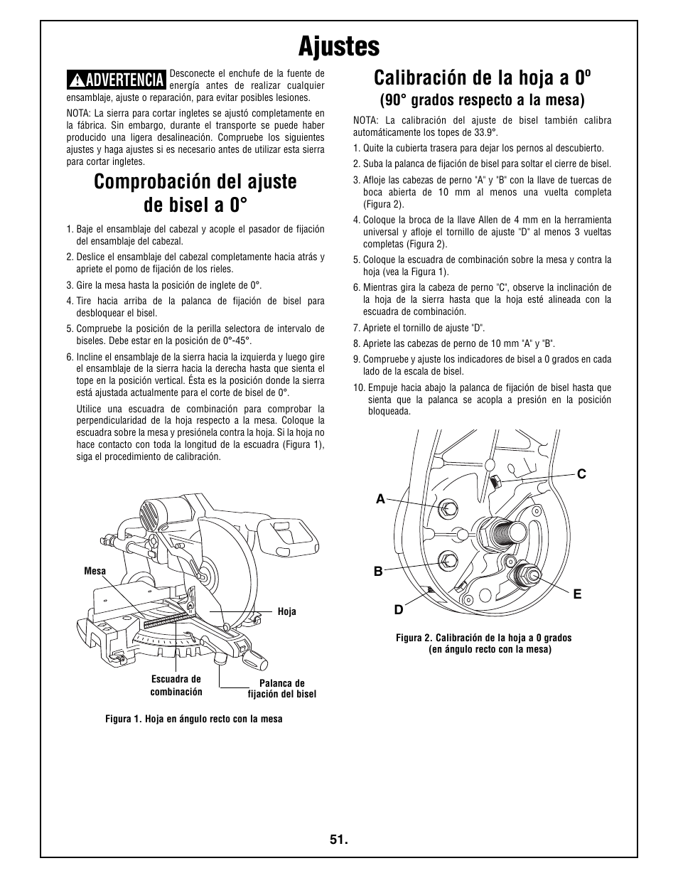 Ajustes, Comprobación del ajuste de bisel a 0, Calibración de la hoja a 0º | Advertencia, 90° grados respecto a la mesa) | Bosch 4410L User Manual | Page 51 / 116