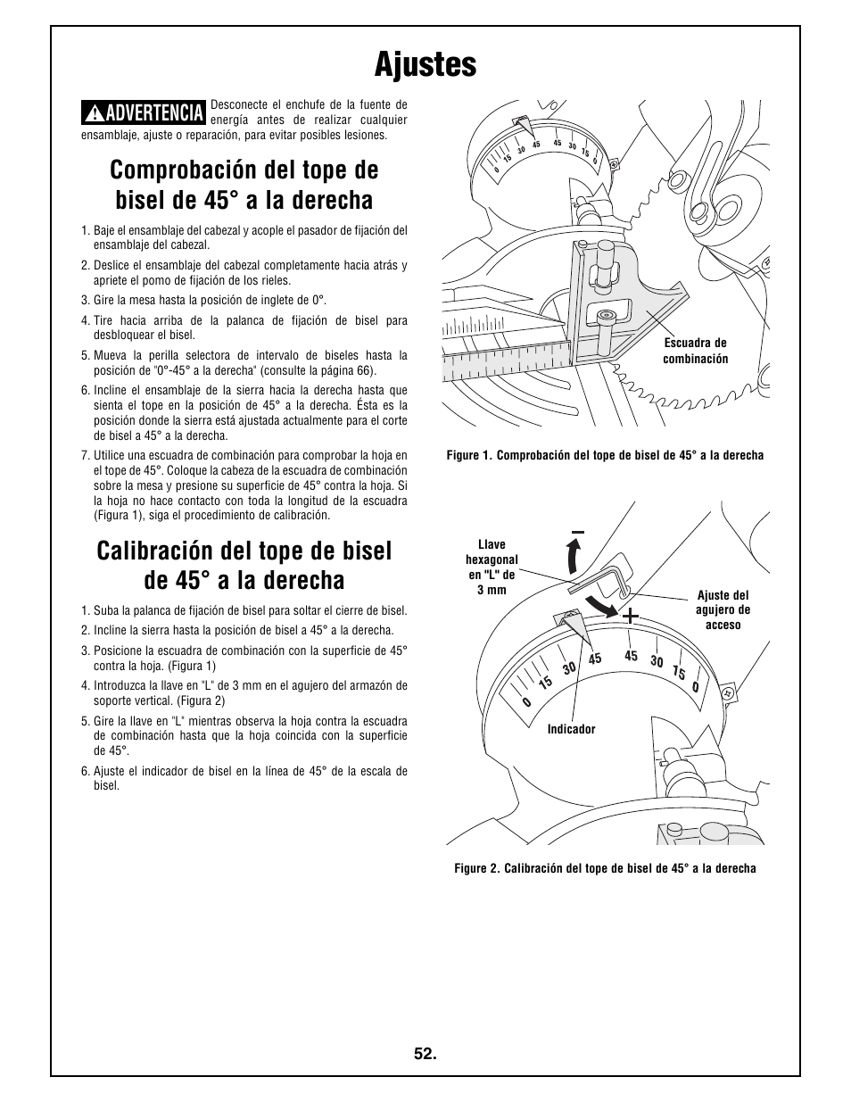 Ajustes, Comprobación del tope de bisel de 45° a la derecha, Calibración del tope de bisel de 45° a la derecha | Advertencia | Bosch 4410L User Manual | Page 52 / 116