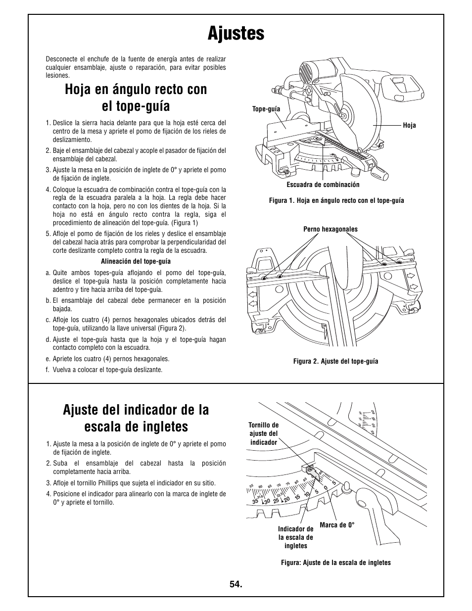 Ajustes, Hoja en ángulo recto con el tope-guía, Ajuste del indicador de la escala de ingletes | Bosch 4410L User Manual | Page 54 / 116