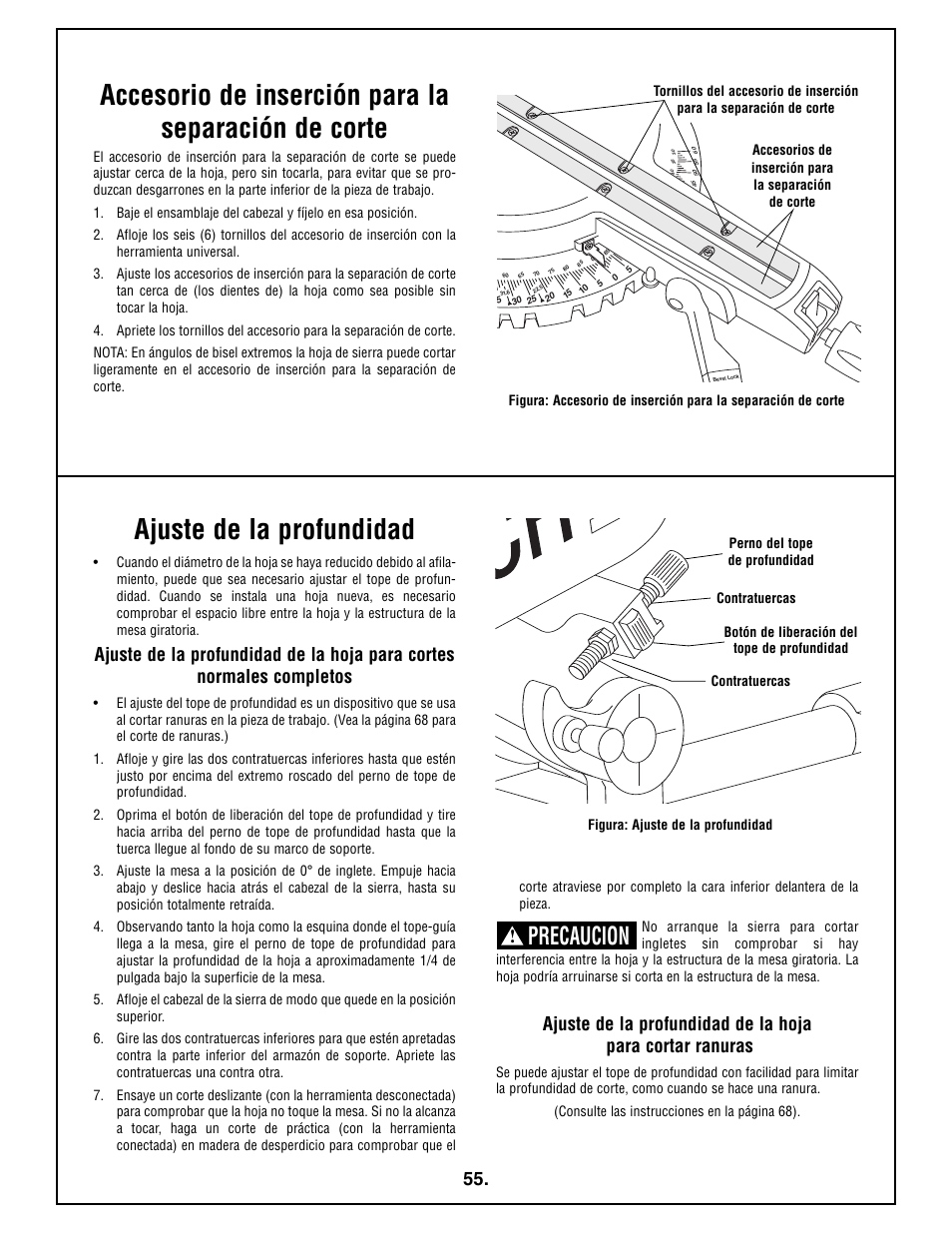 Accesorio de inserción para la separación de corte, Ajuste de la profundidad, Precaucion | Bosch 4410L User Manual | Page 55 / 116