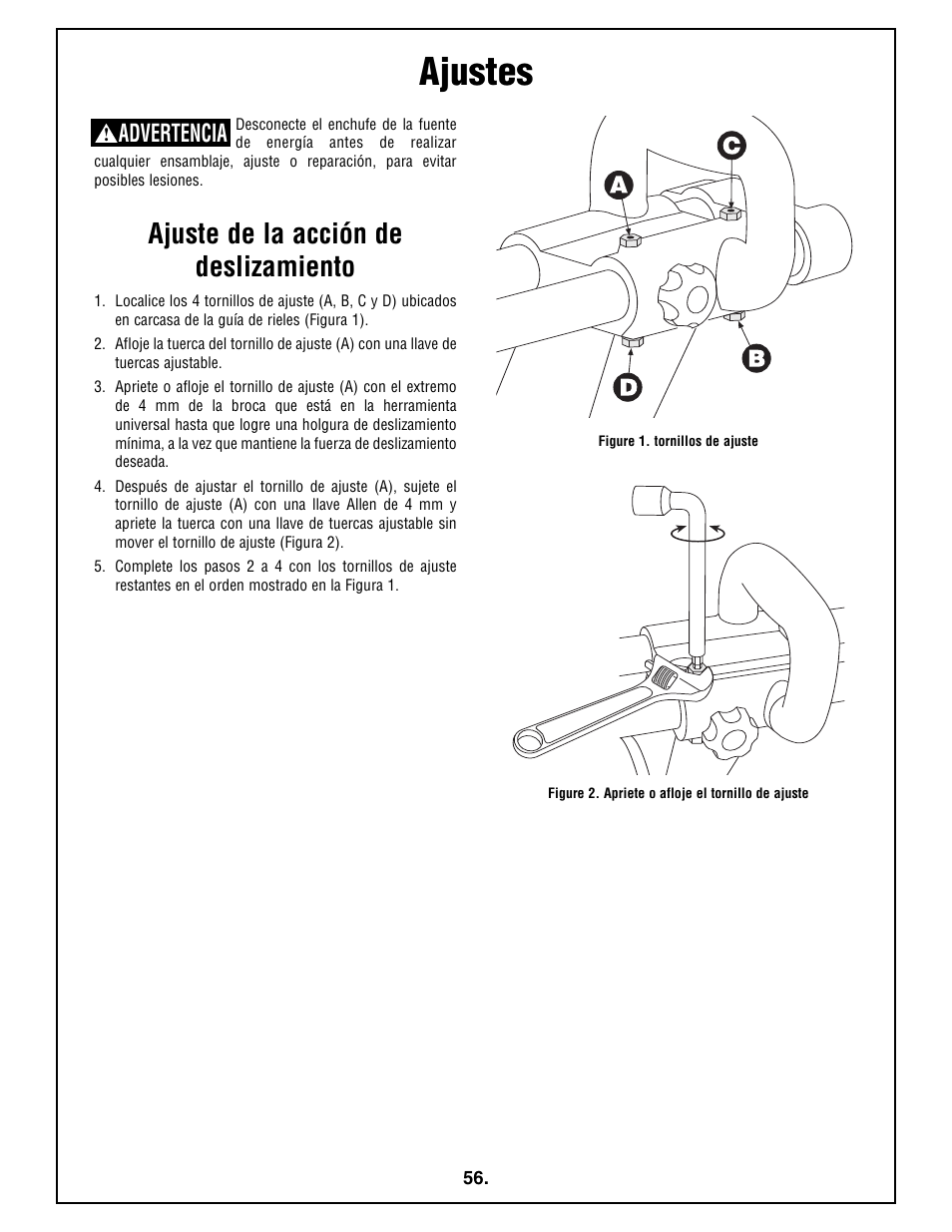 Ajustes, Ajuste de la acción de deslizamiento, Advertencia | Bosch 4410L User Manual | Page 56 / 116