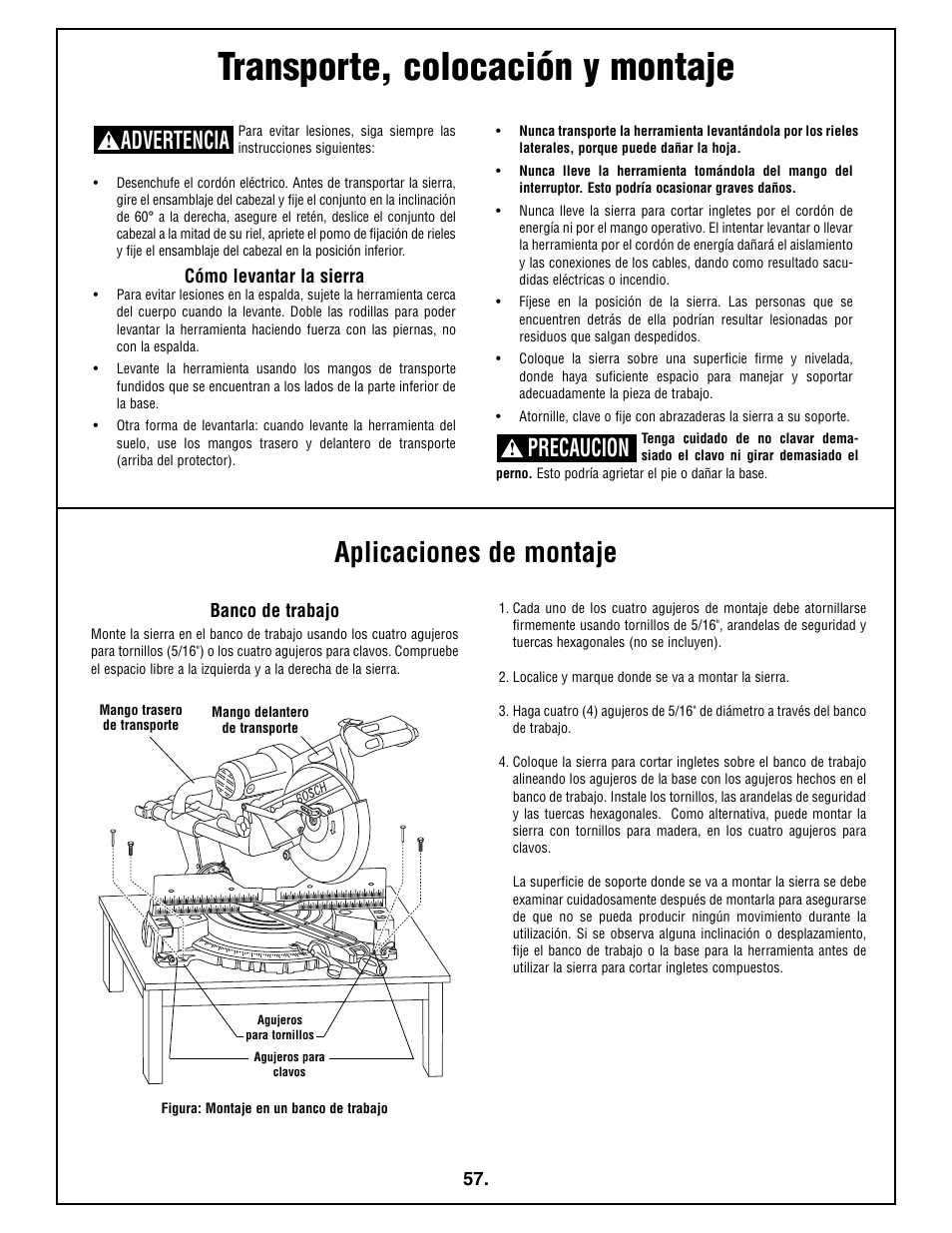 Transporte, colocación y montaje, Aplicaciones de montaje, Advertencia | Precaucion | Bosch 4410L User Manual | Page 57 / 116